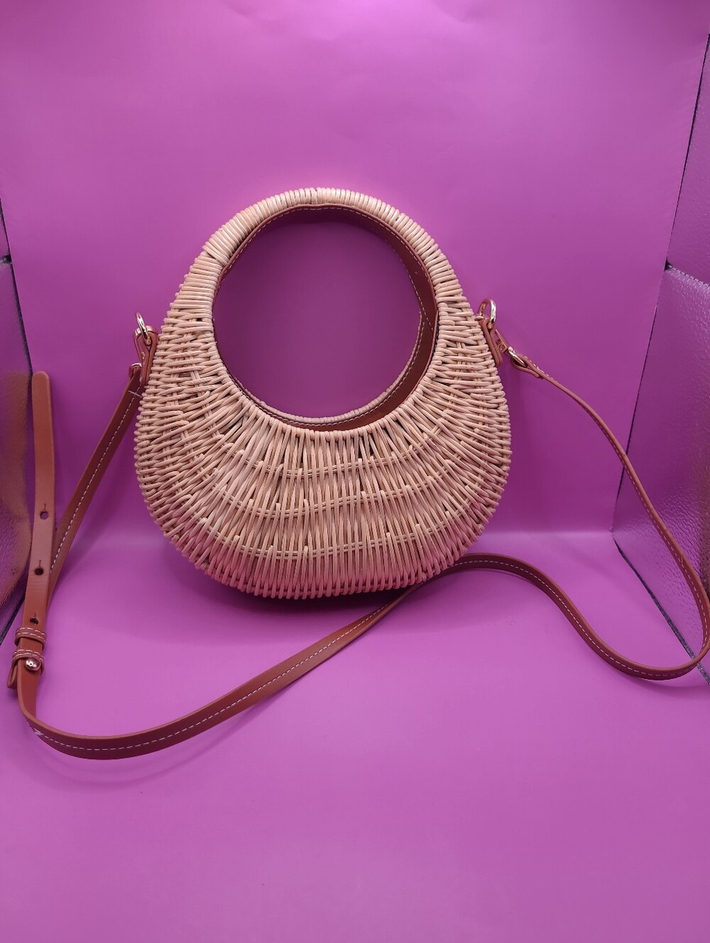 Billini Gianna Woven Rattan Crescent Hobo Handle Bag Crossbody In Natural